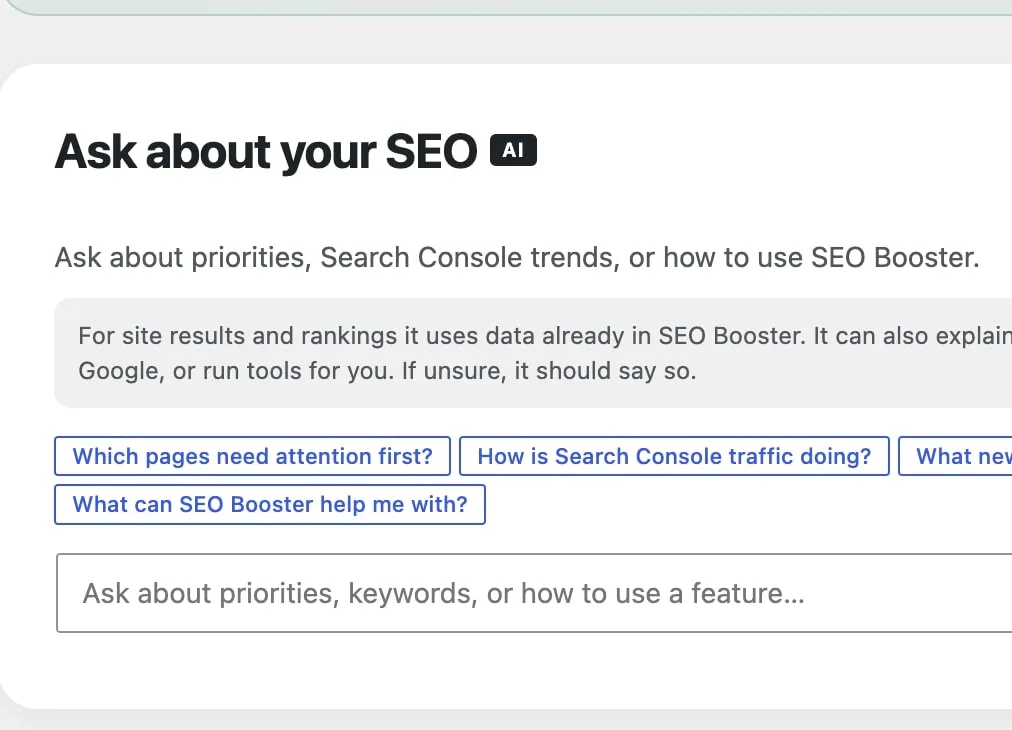 Dashboard Ask about your SEO panel with AI badge and suggested questions