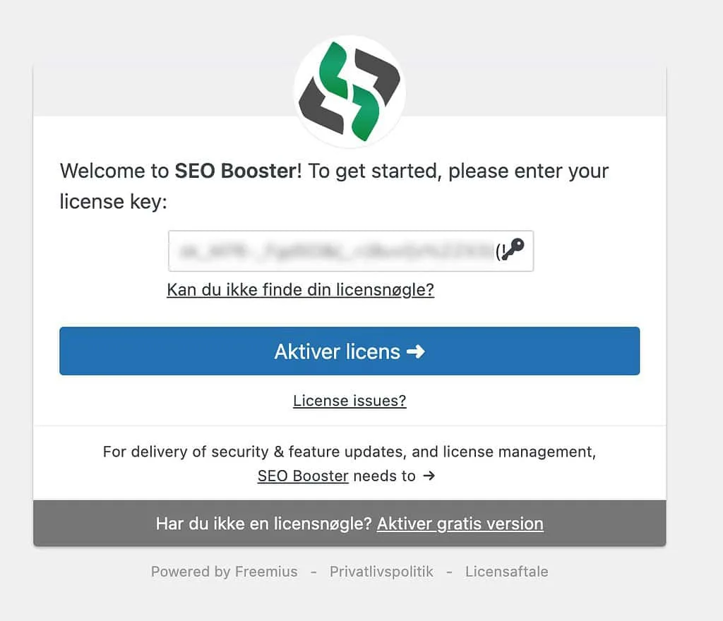 Indtast SEO Booster licensnøgle