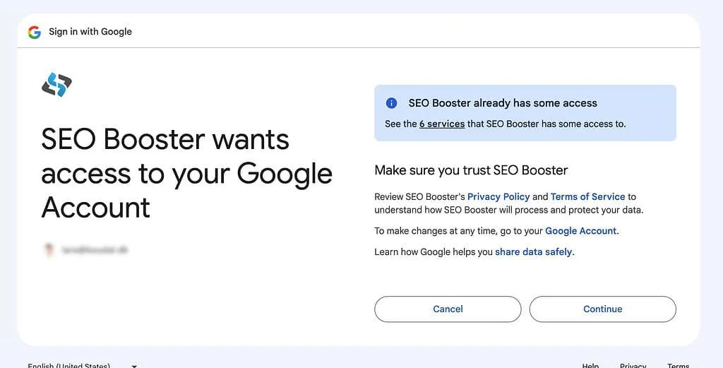Bekræft adgang for SEO Booster