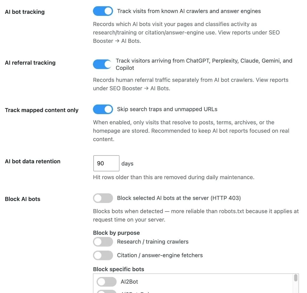 SEO Booster AI bot options: tracking, referral tracking, mapped content only, retention, and Pro blocking toggles