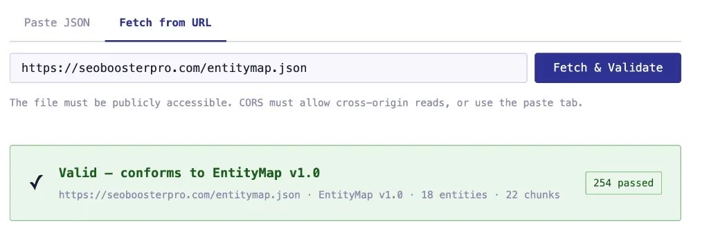 EntityMap validator showing Valid – conforms to EntityMap v1.0 for seoboosterpro.com/entitymap.json