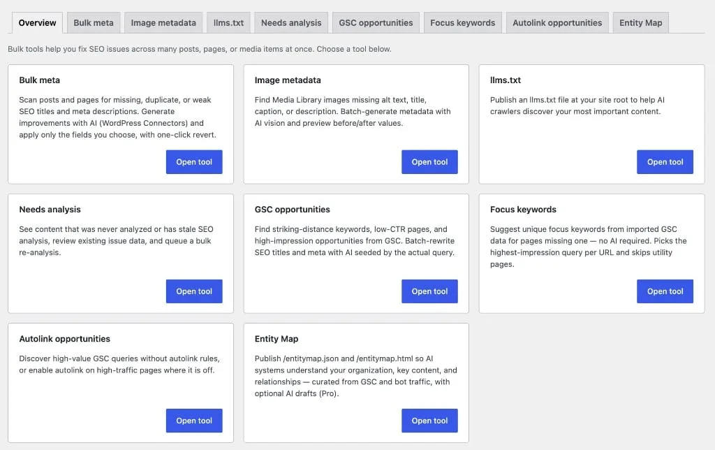 SEO Booster Tools-overblik med fane-hub for Bulk meta, Billedmetadata, llms.txt, Needs analysis, GSC opportunities, Fokusord, Autolink opportunities og Entity Map