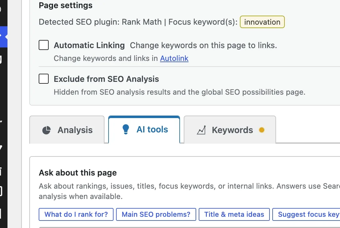 Edit screen AI tools tab with Ask about this page chips and question field