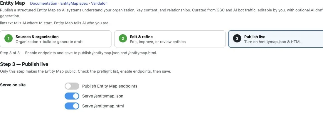 Entity Map step 3, Publish live with endpoint toggles for /entitymap.json and /entitymap.html