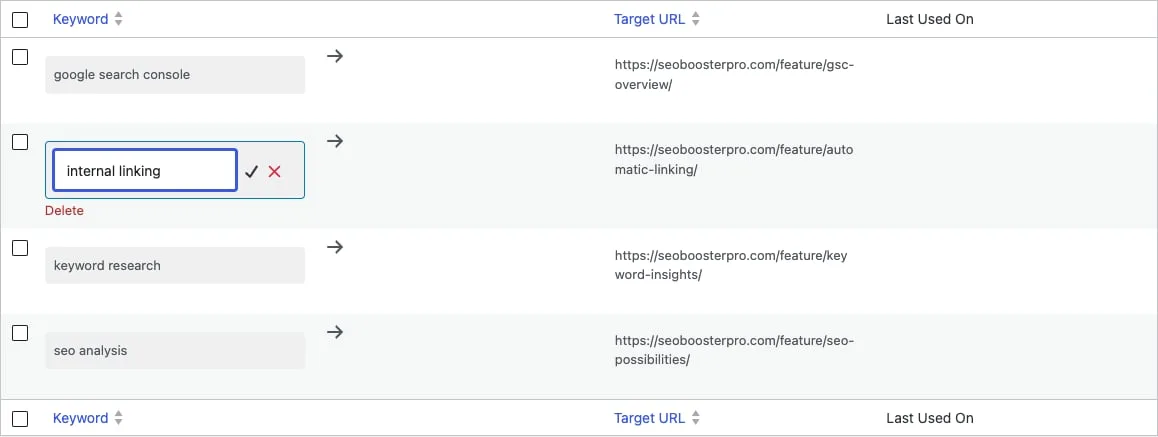 Inline editing a keyword with save and cancel controls