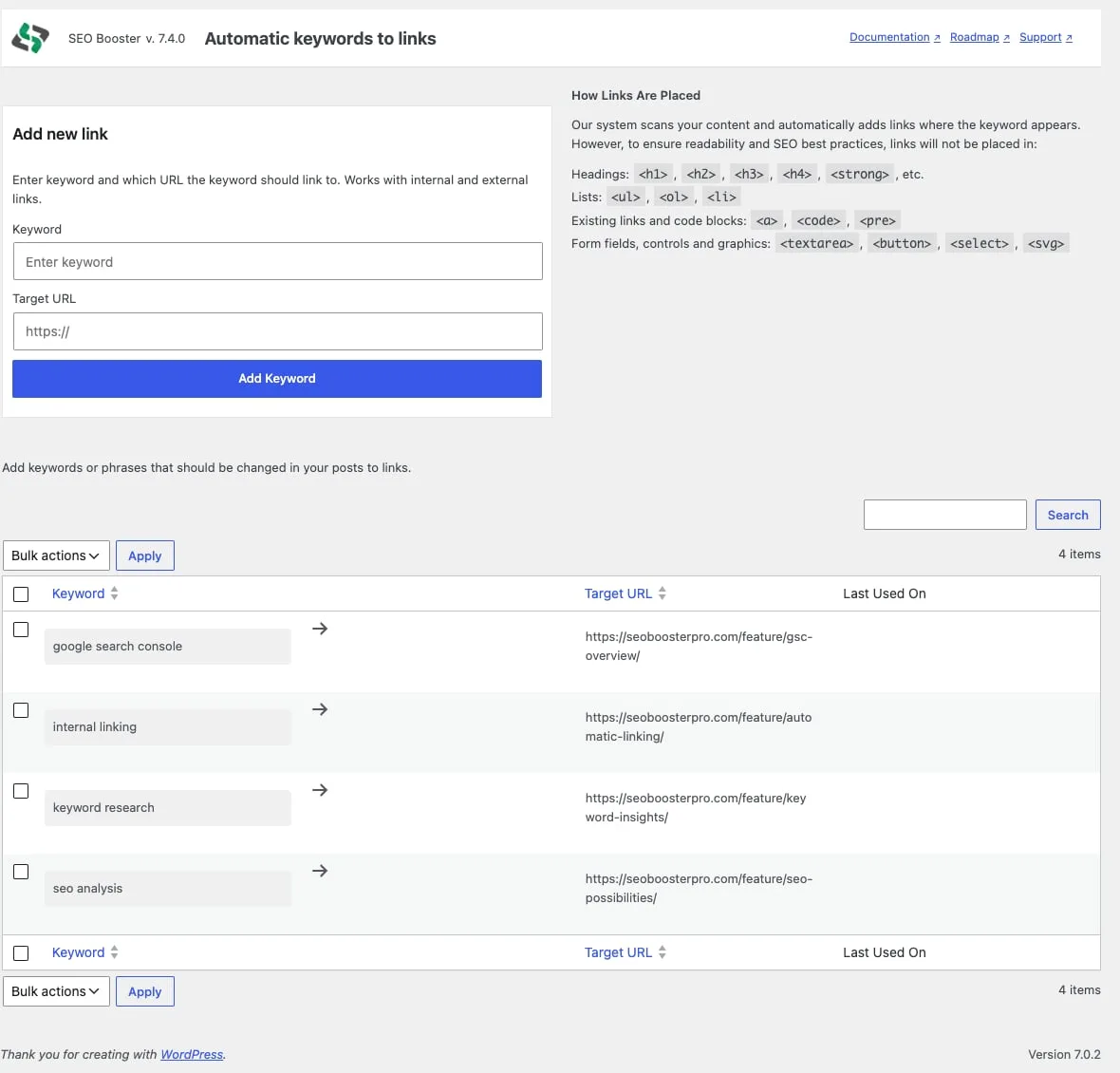 SEO Booster Automatic keywords to links admin page with the Add new link form and keyword list