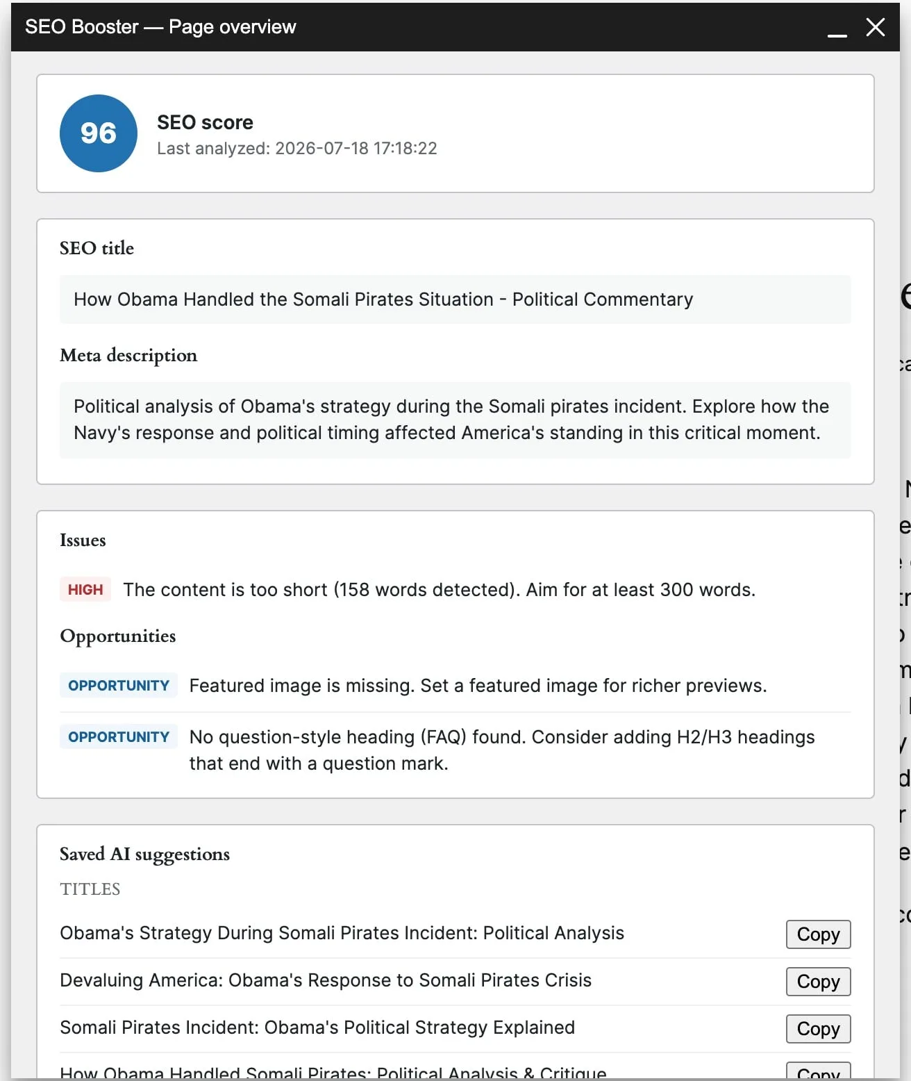 SEO Booster Page overview popup with SEO score 96, title and meta, issues, and opportunities