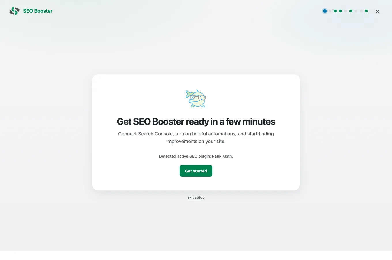 SEO Booster Setup Wizard welcome screen, get SEO Booster ready in a few minutes
