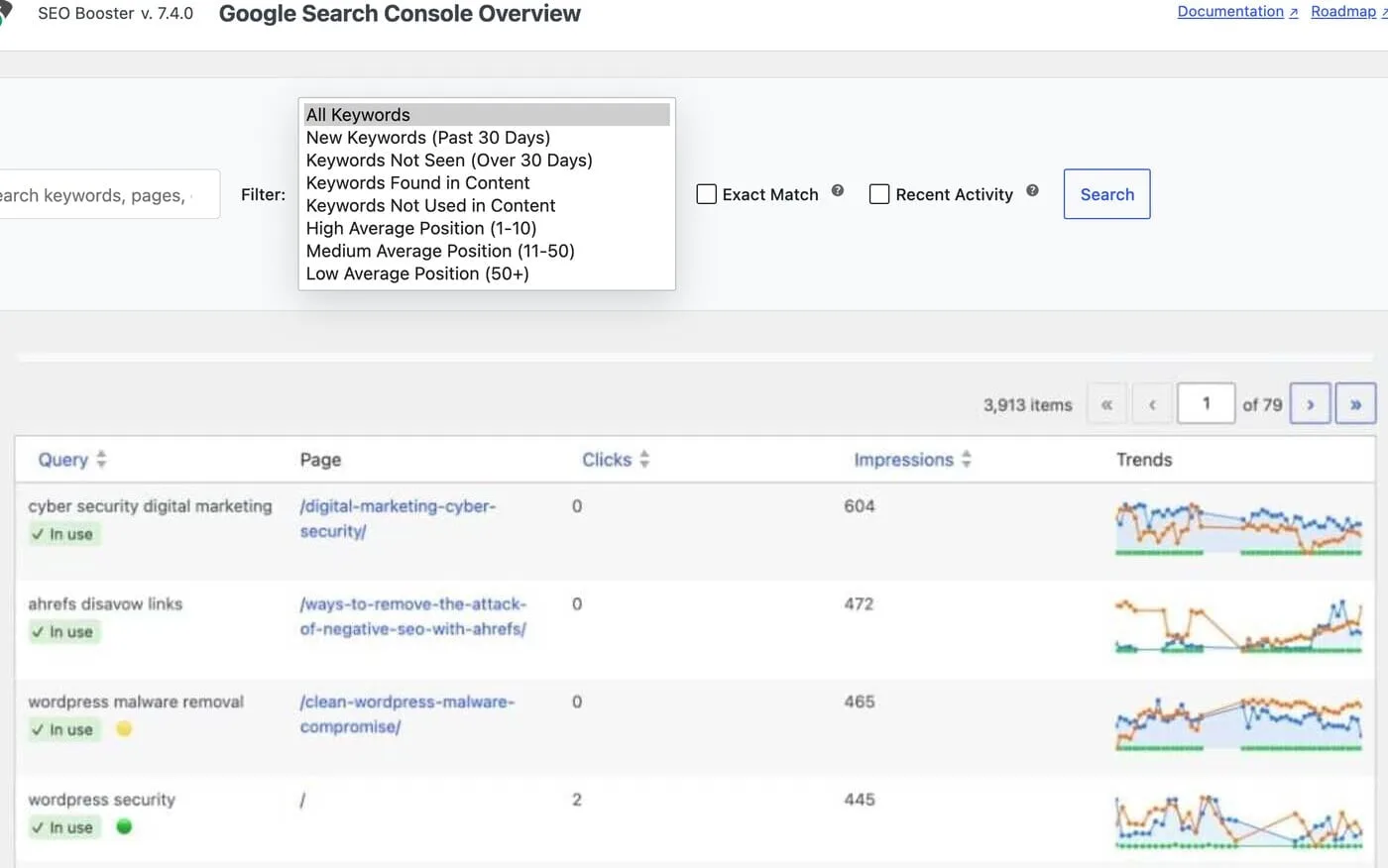 GSC Overview Filter dropdown open with All Keywords and position filters, plus the keyword table