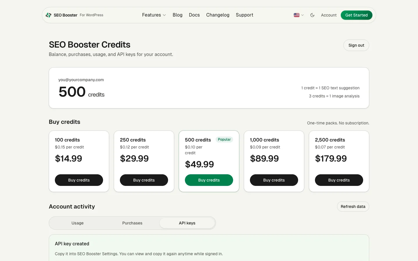 API keys tab with create form and key details