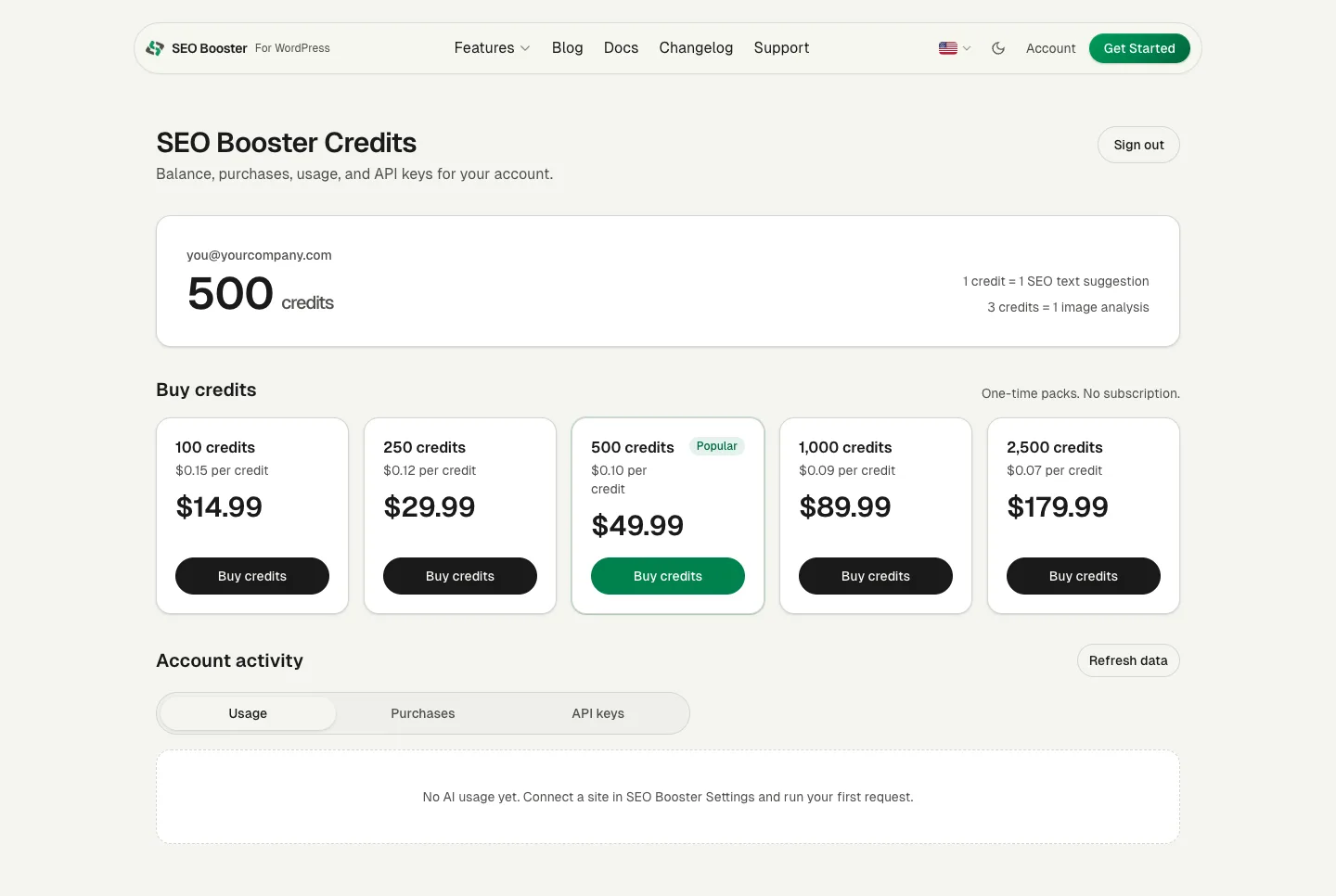 Credits dashboard with balance and buy packs grid