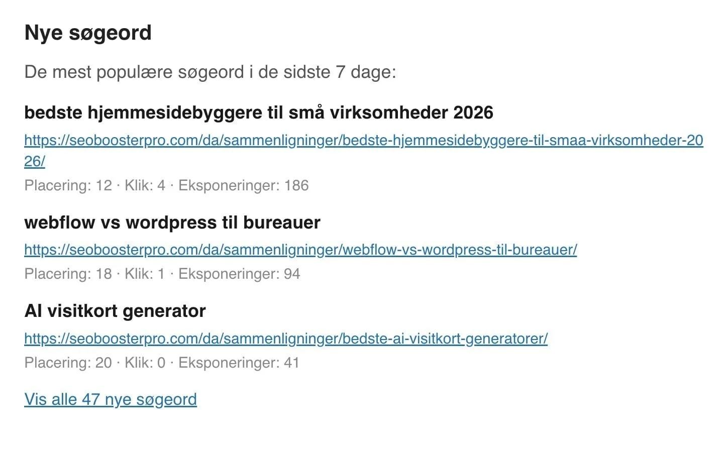 Danske nye søgeord i den ugentlige mail
