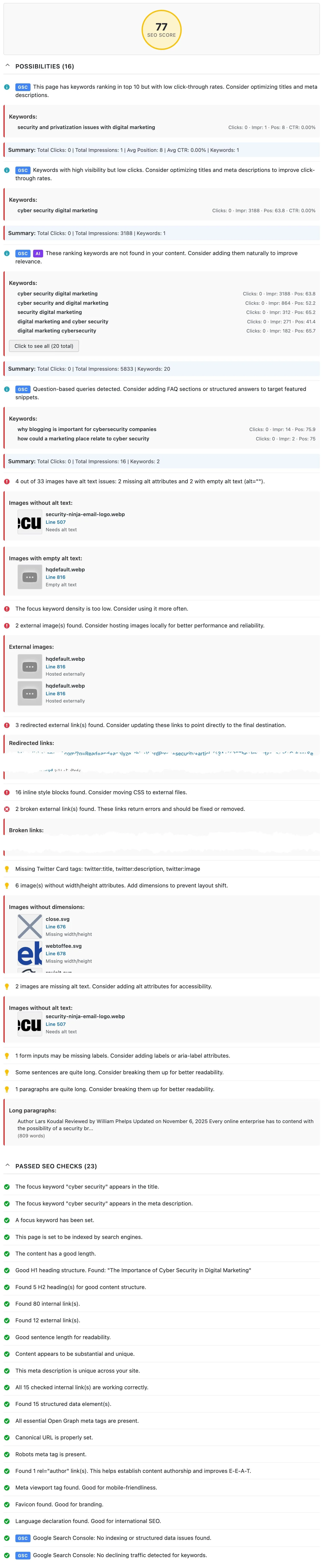 SEO Booster metabox with score, possibilities, and passed SEO checks on the edit screen