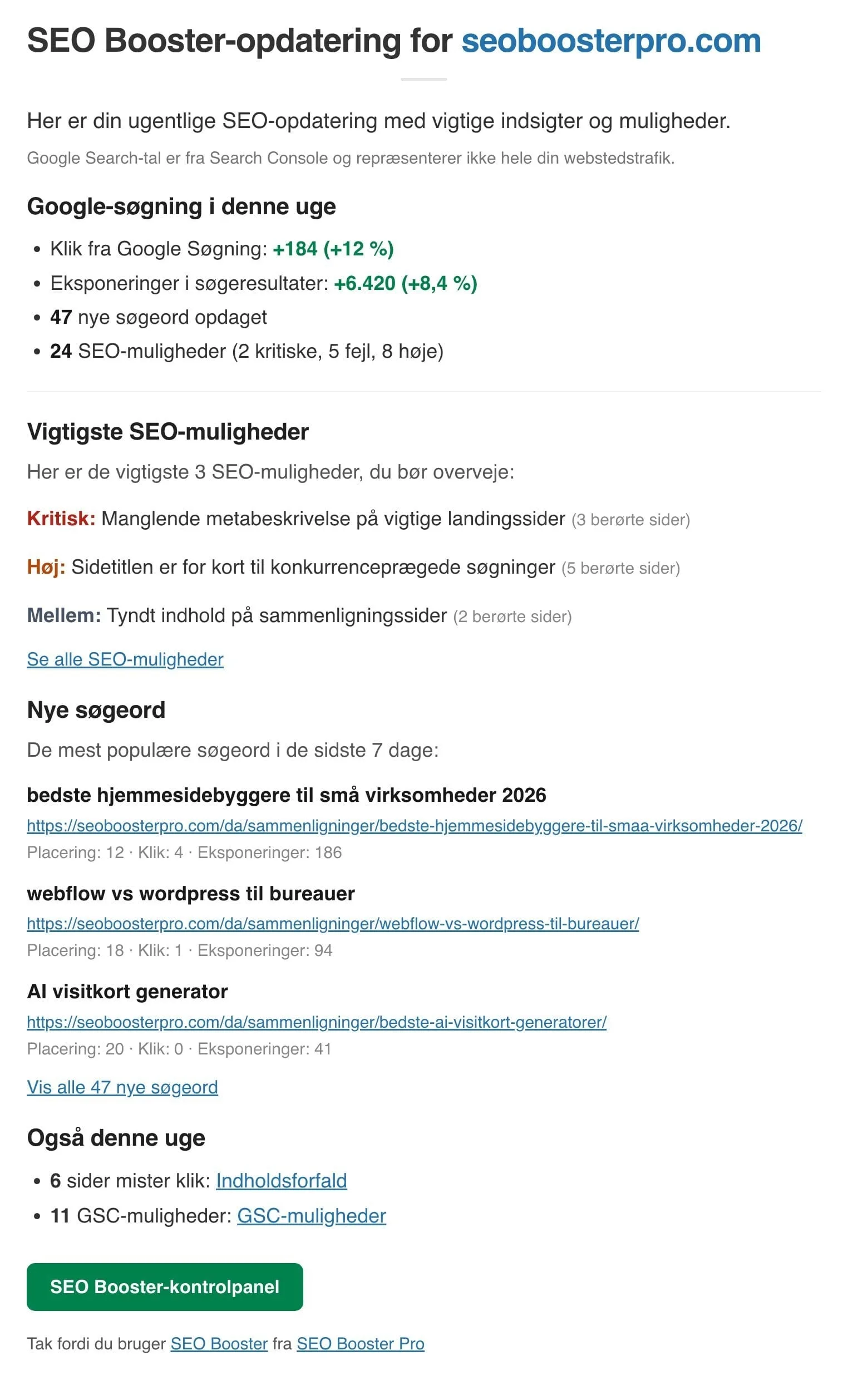 Dansk SEO Booster ugentlig mail med Google Search-deltaer, SEO-muligheder, nye søgeord og Pro-signaler