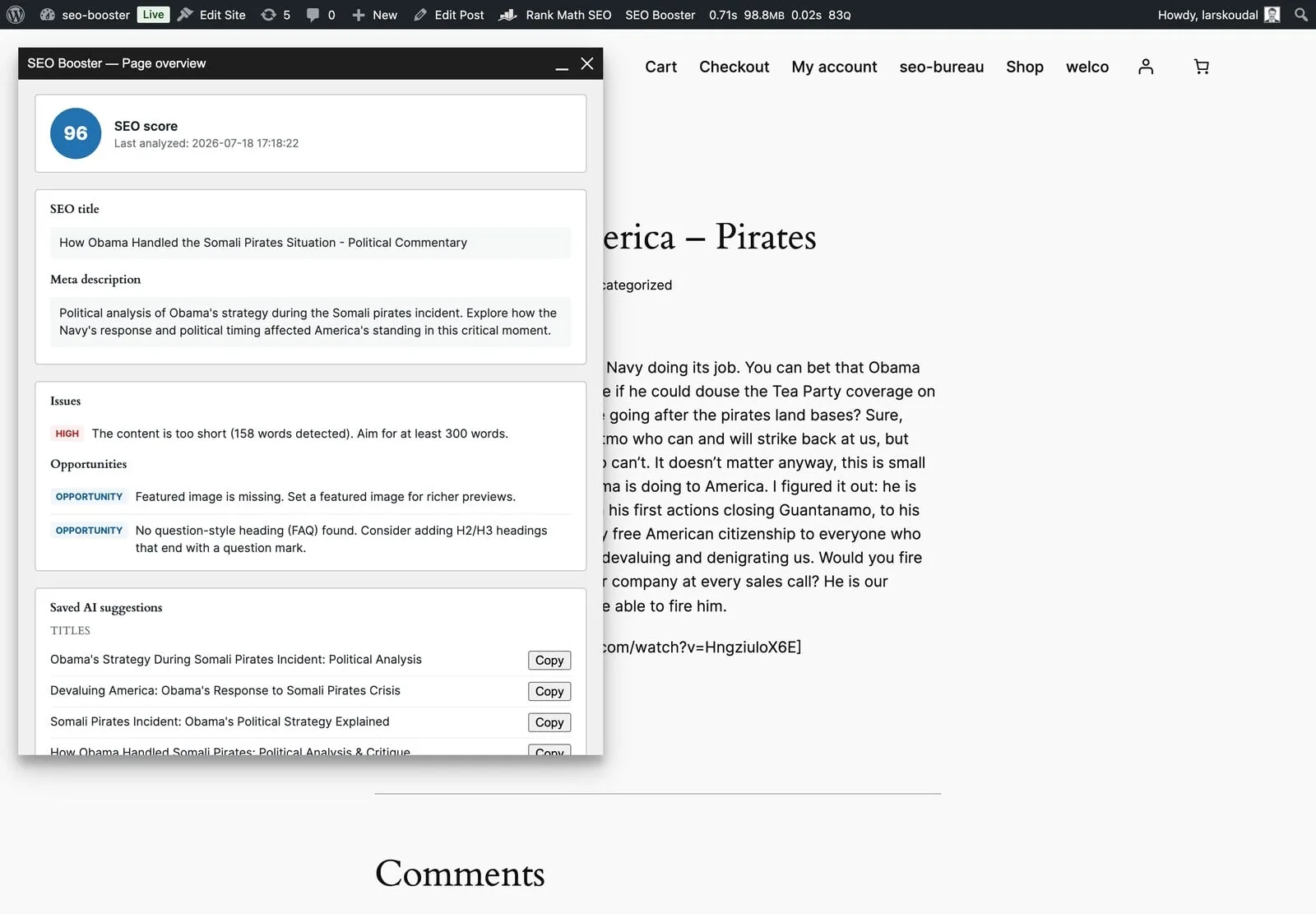 Page overview floating over the live frontend with SEO score and analysis details