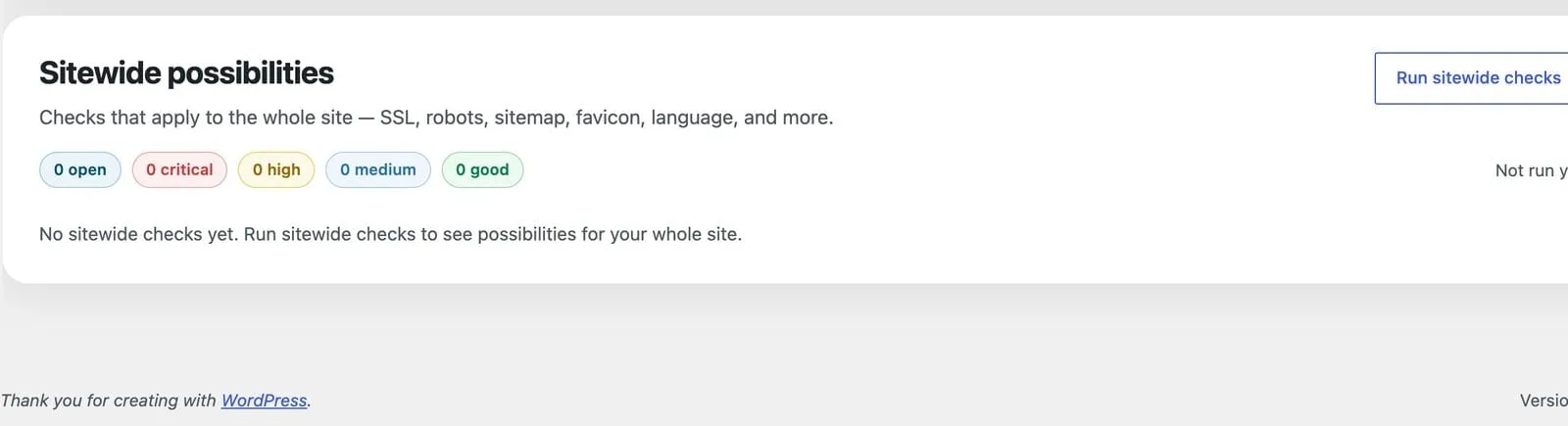 Sitewide possibilities panel with Run sitewide checks button and severity summary pills