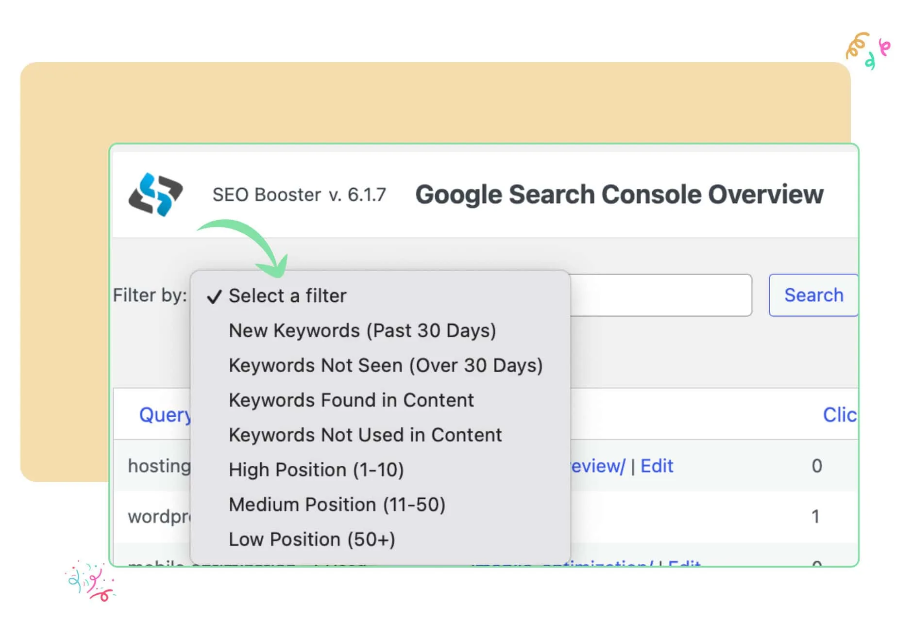 Filtre i GSC Overview i SEO Booster