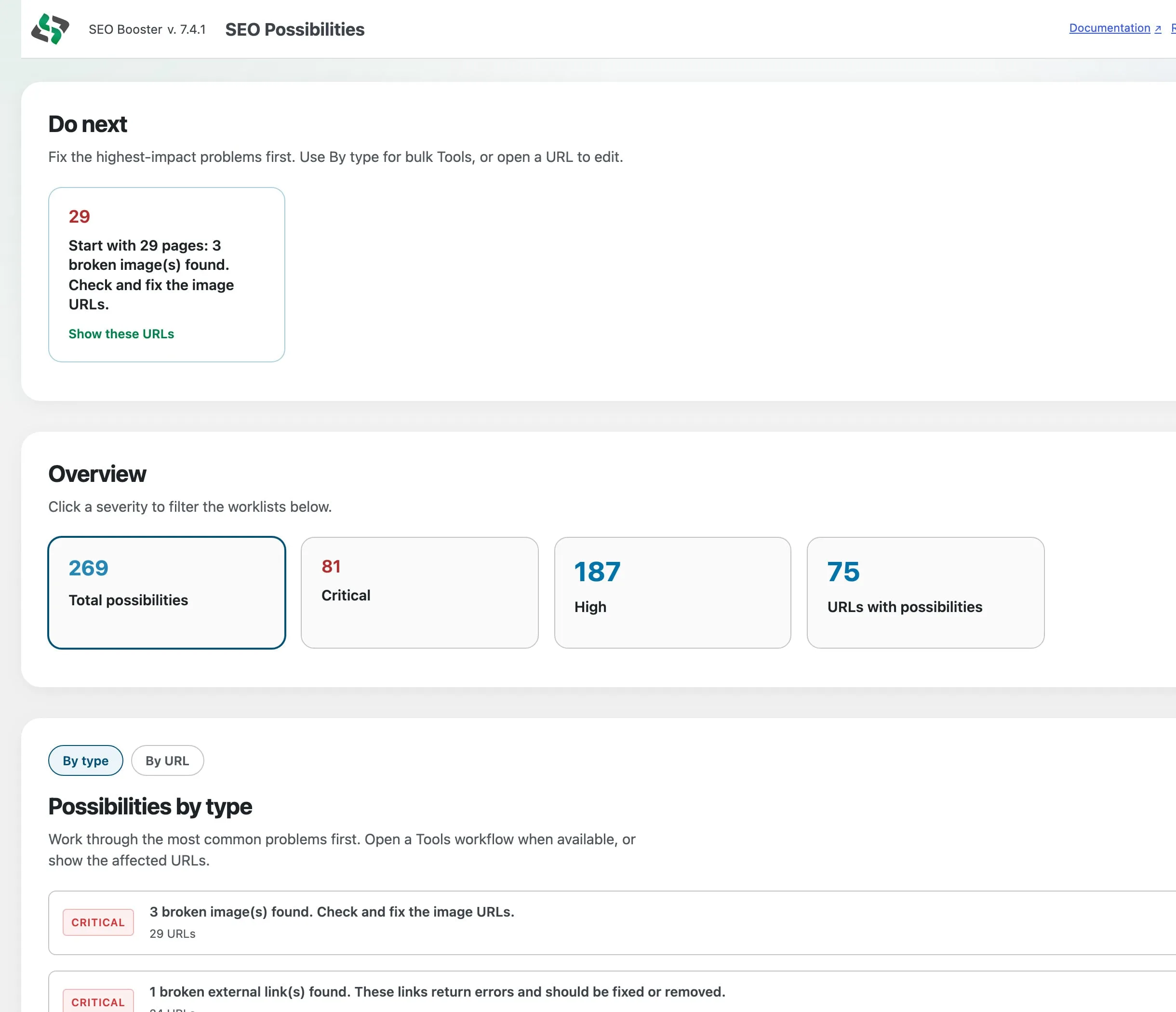 SEO Possibilities Pro triage with Do next and By type worklist