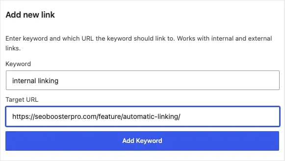 Add new link form with Keyword and Target URL fields filled in