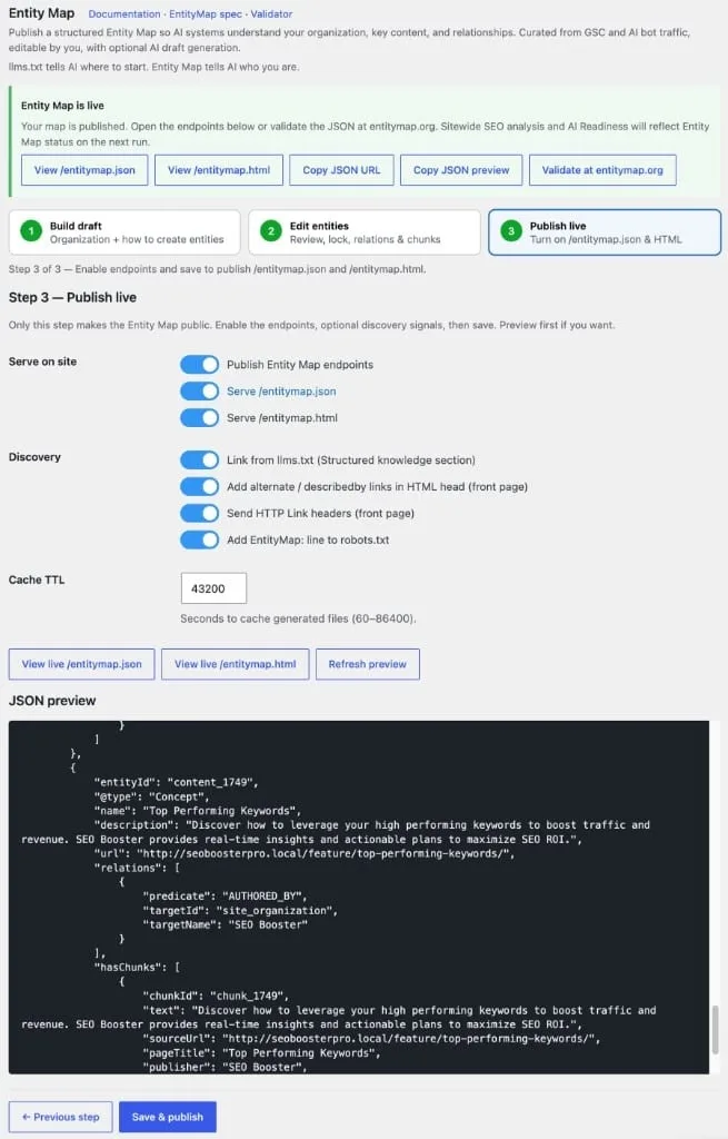 Entity Map step 3 — Publish live with discovery toggles and JSON preview