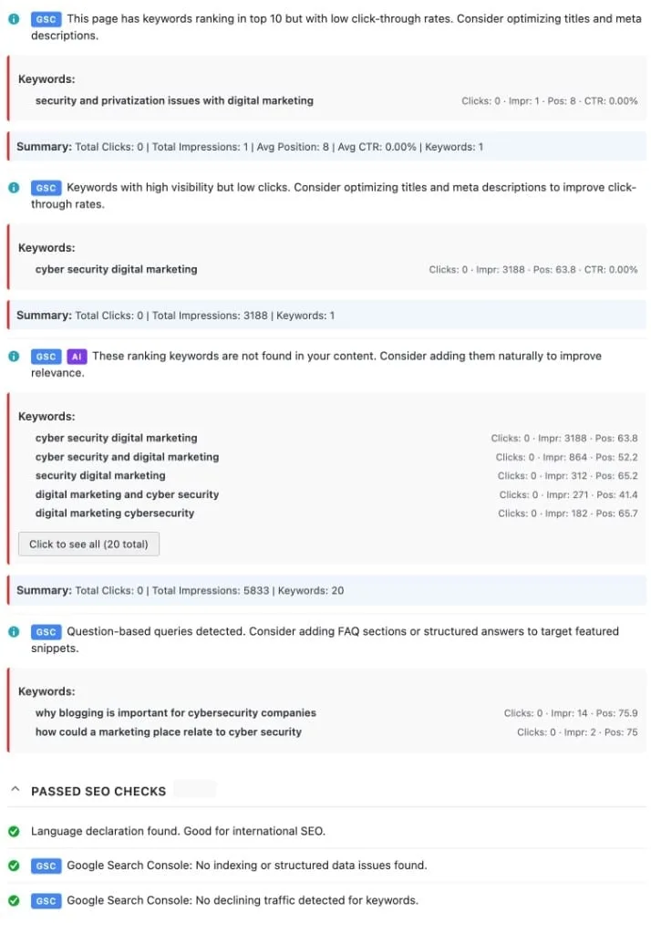 GSC-driven SEO possibilities: low CTR, keywords missing from content, and question-based queries