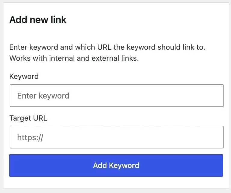 Add new link form with Keyword and Target URL fields