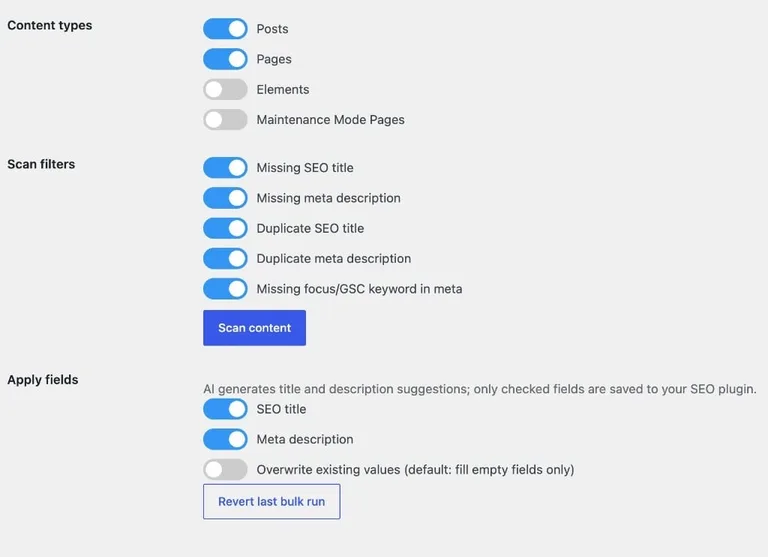 Bulk meta tool showing content types, scan filters, apply fields, and Scan content button