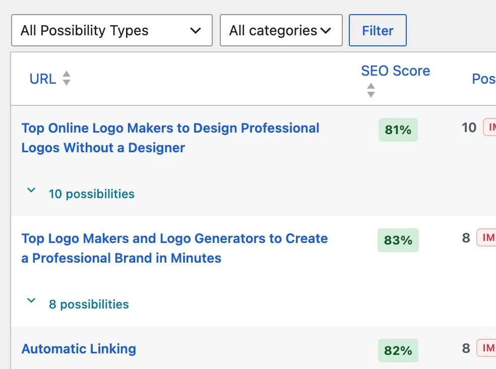 Filterlinje i SEO Possibilities med mulighedstype, kategori og Filtrér-knap