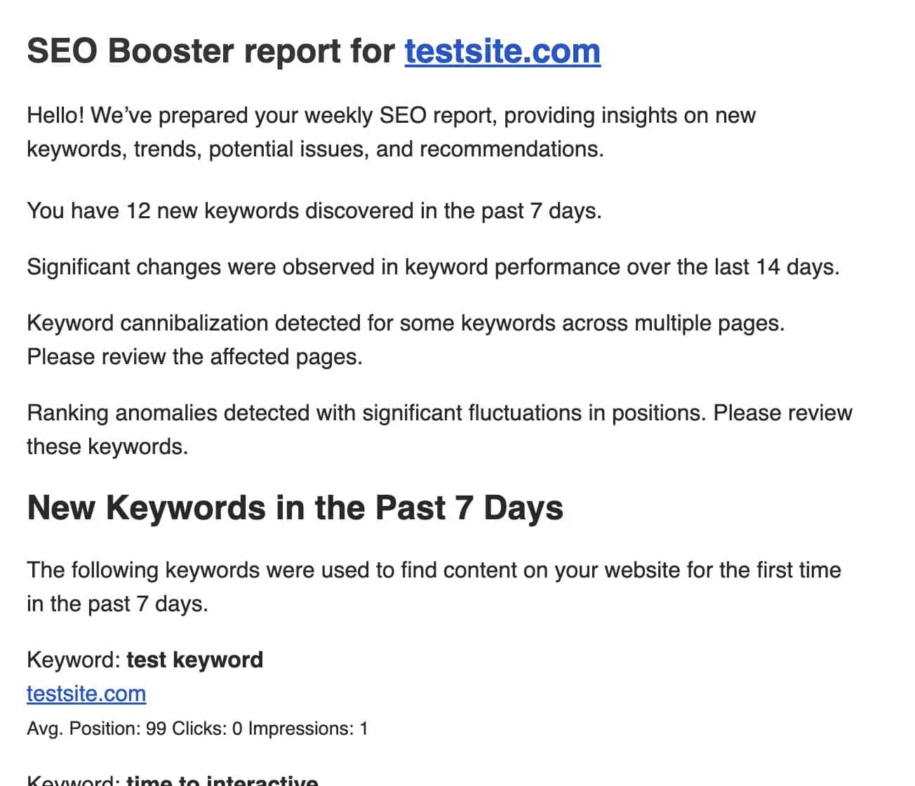 Weekly Email example with SEO details