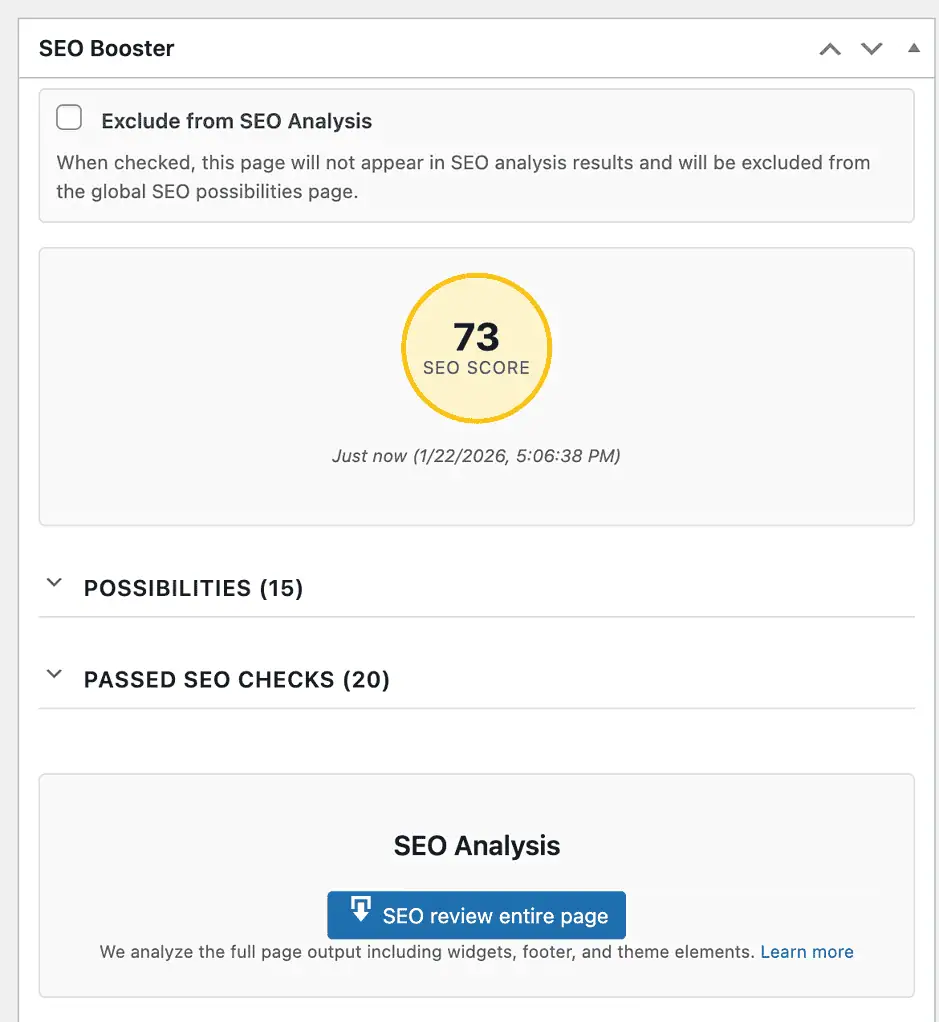 Screenshot of SEO Booster metabox with a score of 73